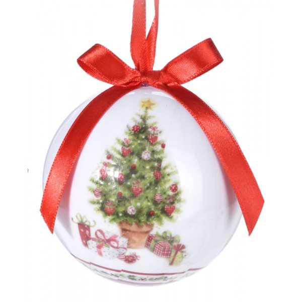 Χριστουγεννιάτικη Μπάλα Λευκή, με Κόκκινο Φιόγκο και Δεντράκι (7cm)